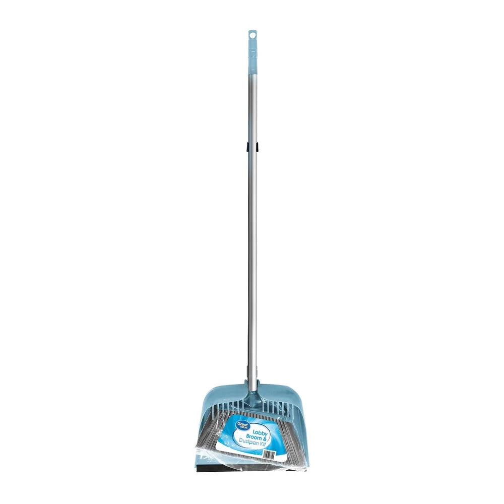 Lobby Broom and Dustpan Set — Long Handle, Rubber Lip, Integrated Comb for Home & Office