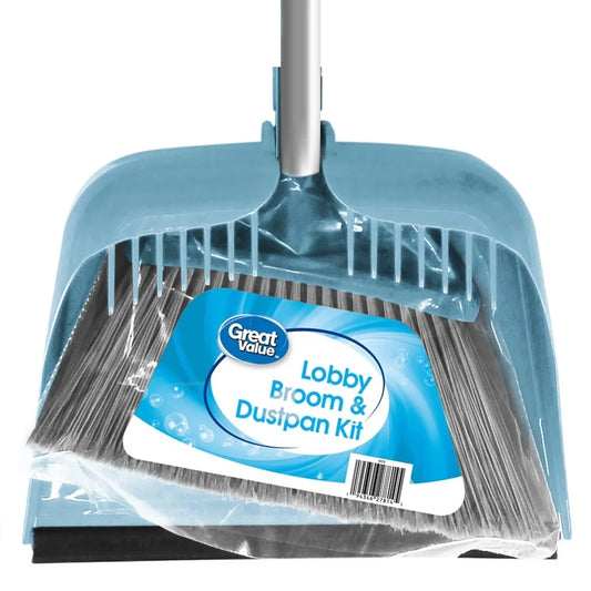Lobby Broom and Dustpan Set — Long Handle, Rubber Lip, Integrated Comb for Home & Office