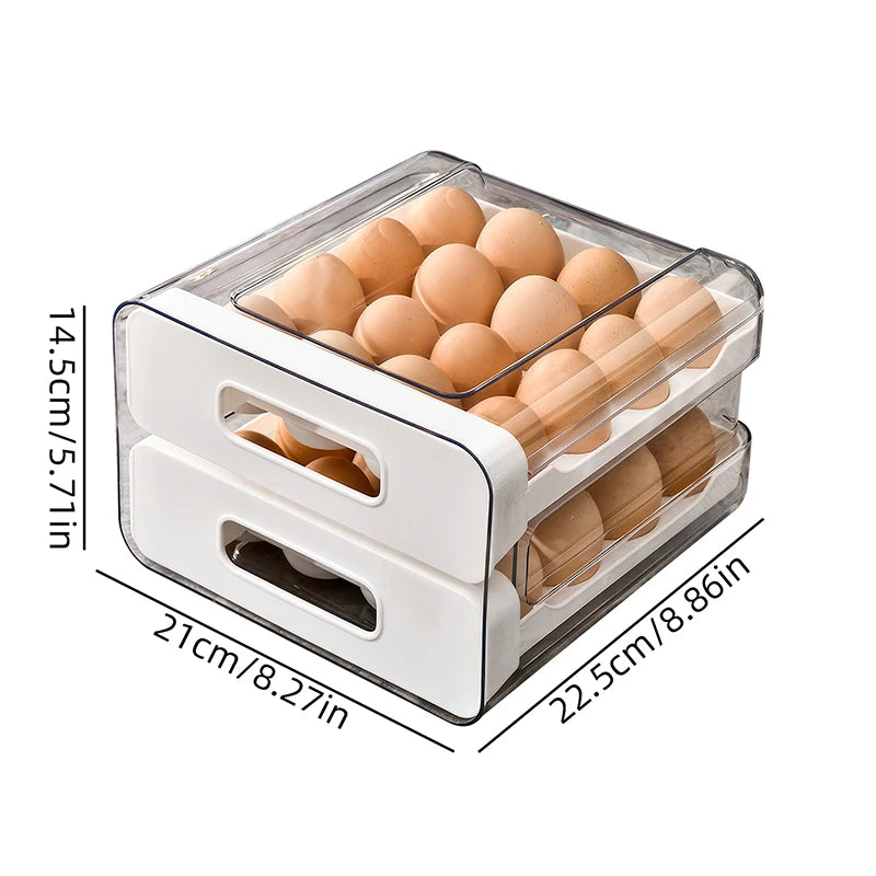 Drawer-Style Refrigerator Egg Organizer — Double Layer, 32 Compartments