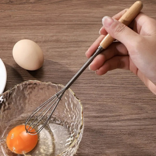 Premium Stainless Steel Whisk — Solid Wood Handle for Baking & Cooking