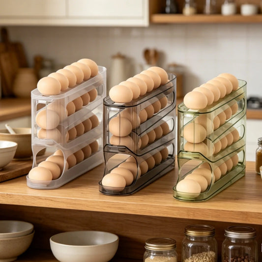 4-Layer Transparent Slide Egg Storage Box — Auto-Roll Fridge Organizer