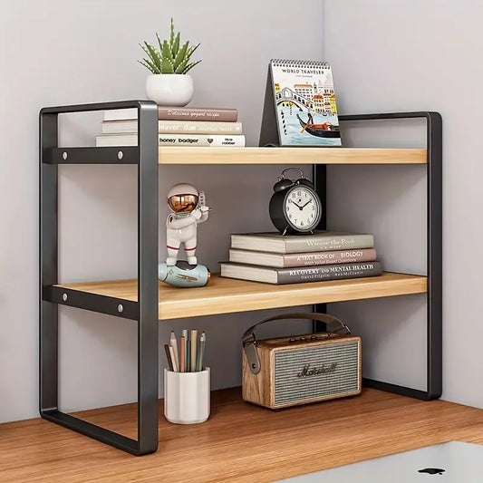 LUSQI 2-Tier Desktop Bookshelf — Student Desk Shelf Rack for Office, Computer Desk & Home