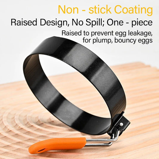 Stainless Steel Fried Egg Ring Mold — Heat-Resistant Silicone Handle & Non-Stick Egg Shaper
