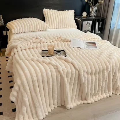Soft Faux Fur Striped Blanket — Warm Thick Fleece for Bed, Sofa & Travel