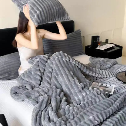 Soft Faux Fur Striped Blanket — Warm Thick Fleece for Bed, Sofa & Travel