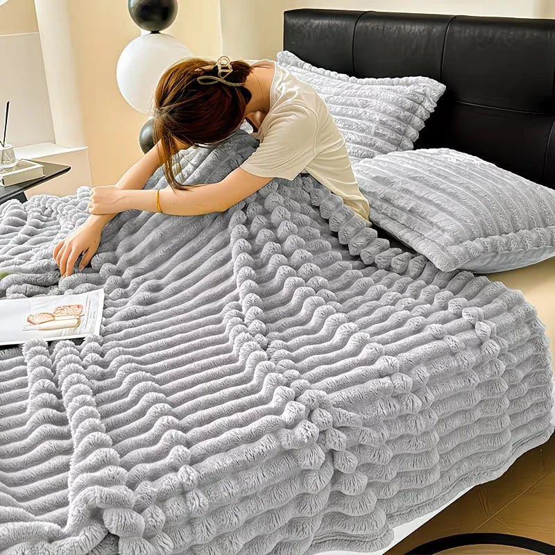 Soft Faux Fur Striped Blanket — Warm Thick Fleece for Bed, Sofa & Travel