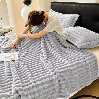 Soft Faux Fur Striped Blanket — Warm Thick Fleece for Bed, Sofa & Travel