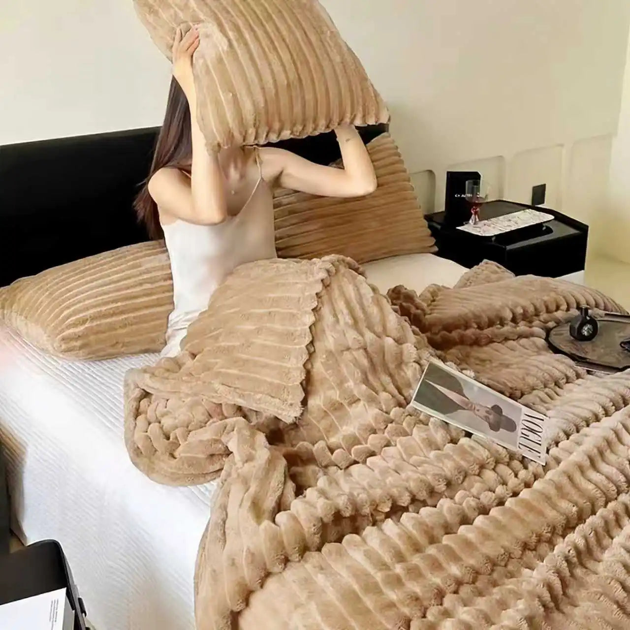 Soft Faux Fur Striped Blanket — Warm Thick Fleece for Bed, Sofa & Travel