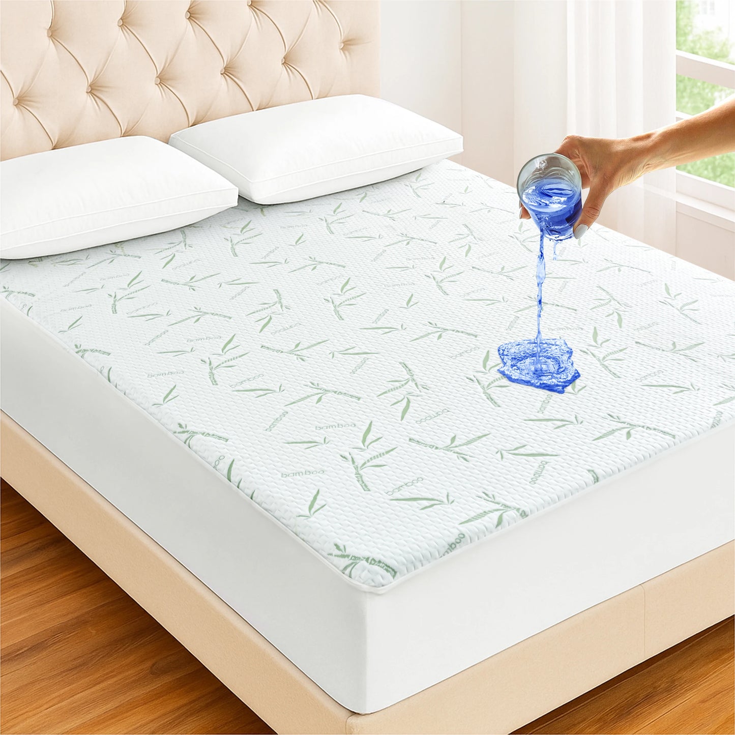 Lux Decor Cooling Bamboo Mattress Protector — 100% Waterproof Fitted Sheet Style, Deep Pocket
