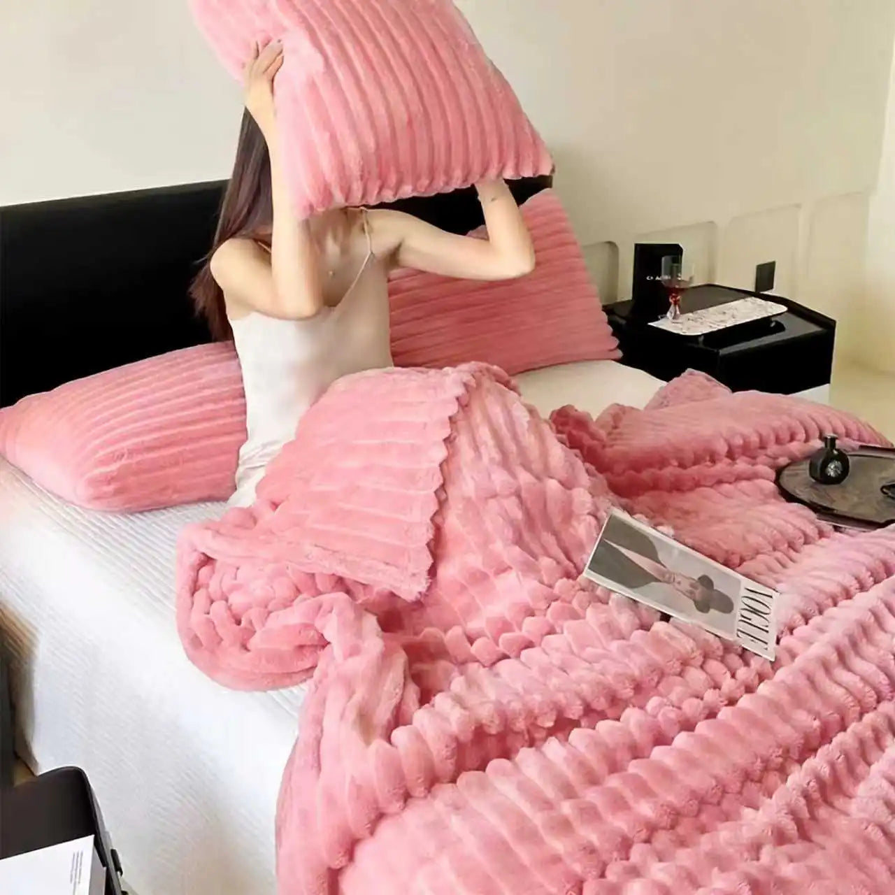Soft Faux Fur Striped Blanket — Warm Thick Fleece for Bed, Sofa & Travel