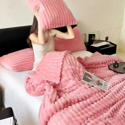 Soft Faux Fur Striped Blanket — Warm Thick Fleece for Bed, Sofa & Travel