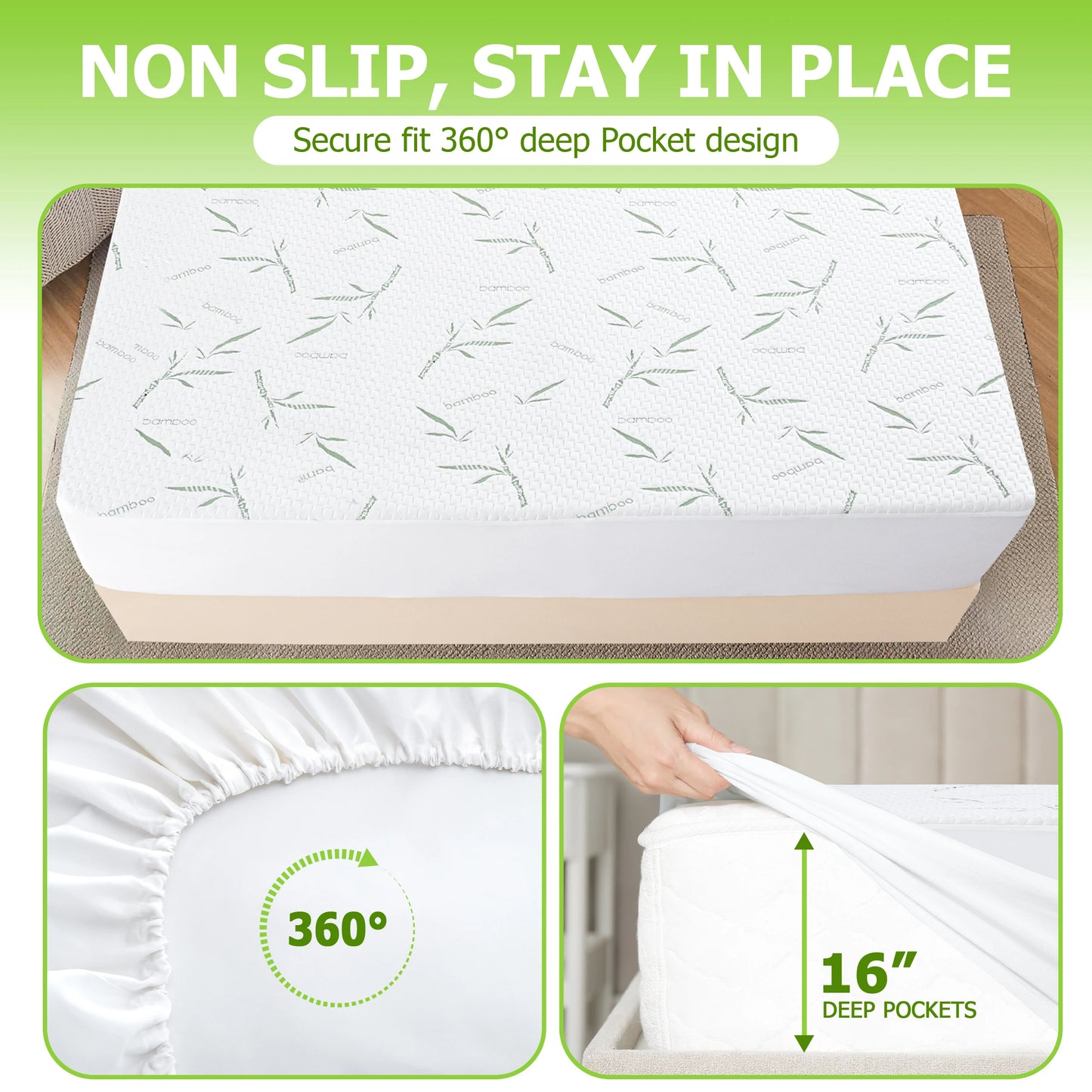 Lux Decor Cooling Bamboo Mattress Protector — 100% Waterproof Fitted Sheet Style, Deep Pocket