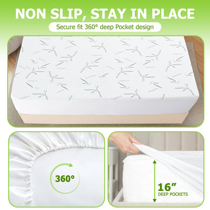 Lux Decor Cooling Bamboo Mattress Protector — 100% Waterproof Fitted Sheet Style, Deep Pocket