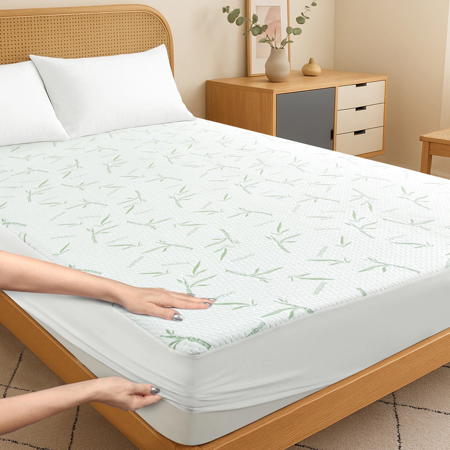 Lux Decor Cooling Bamboo Mattress Protector — 100% Waterproof Fitted Sheet Style, Deep Pocket