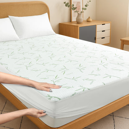 Lux Decor Cooling Bamboo Mattress Protector — 100% Waterproof Fitted Sheet Style, Deep Pocket