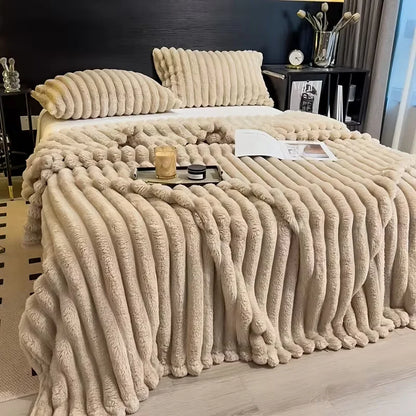 Soft Faux Fur Striped Blanket — Warm Thick Fleece for Bed, Sofa & Travel