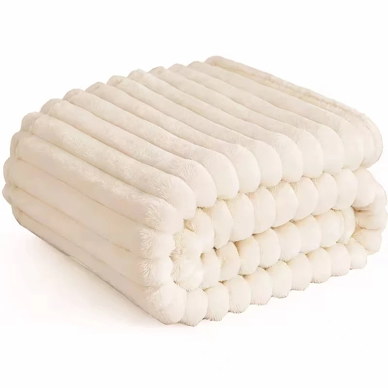 Soft Faux Fur Striped Blanket — Warm Thick Fleece for Bed, Sofa & Travel