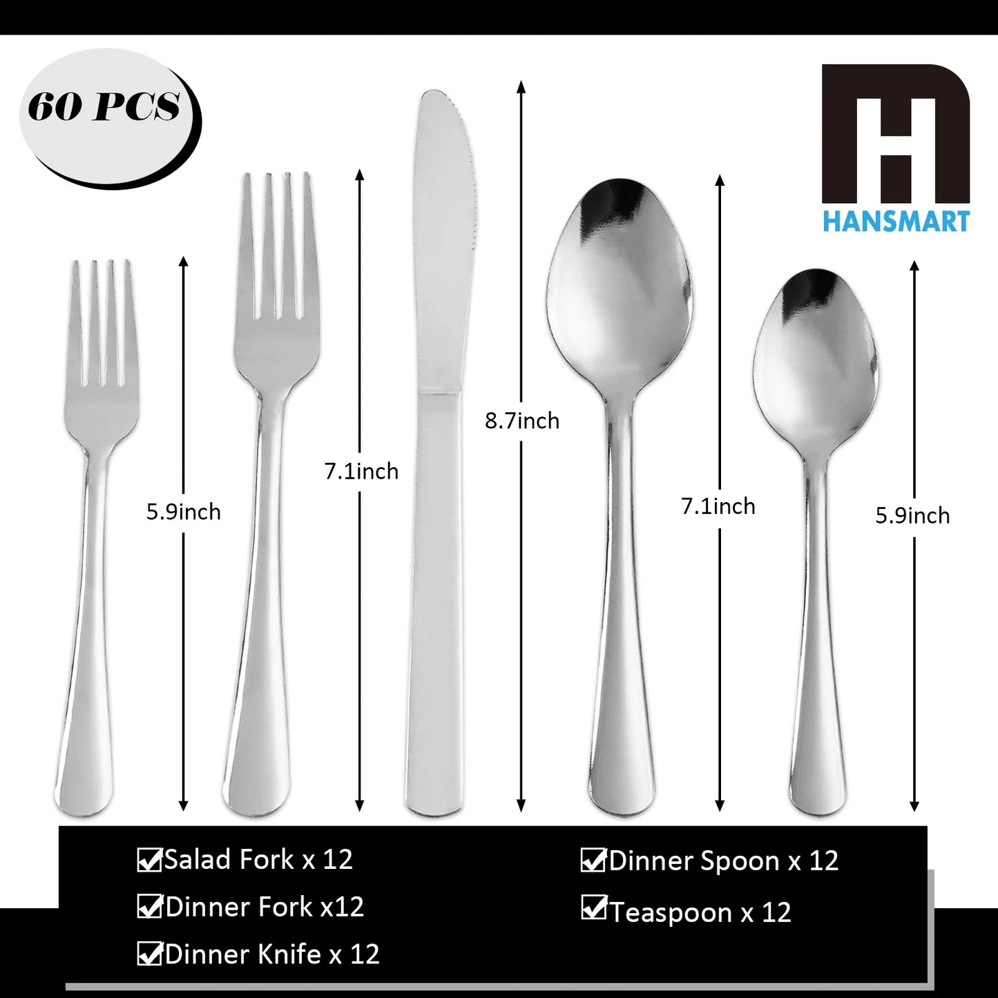 HANSMART 60-Piece Stainless Steel Flatware Set — Windsor Silverware for 12, Dishwasher Safe
