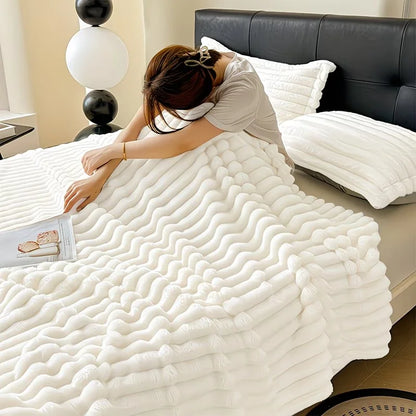 Soft Faux Fur Striped Blanket — Warm Thick Fleece for Bed, Sofa & Travel