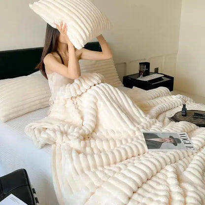 Soft Faux Fur Striped Blanket — Warm Thick Fleece for Bed, Sofa & Travel