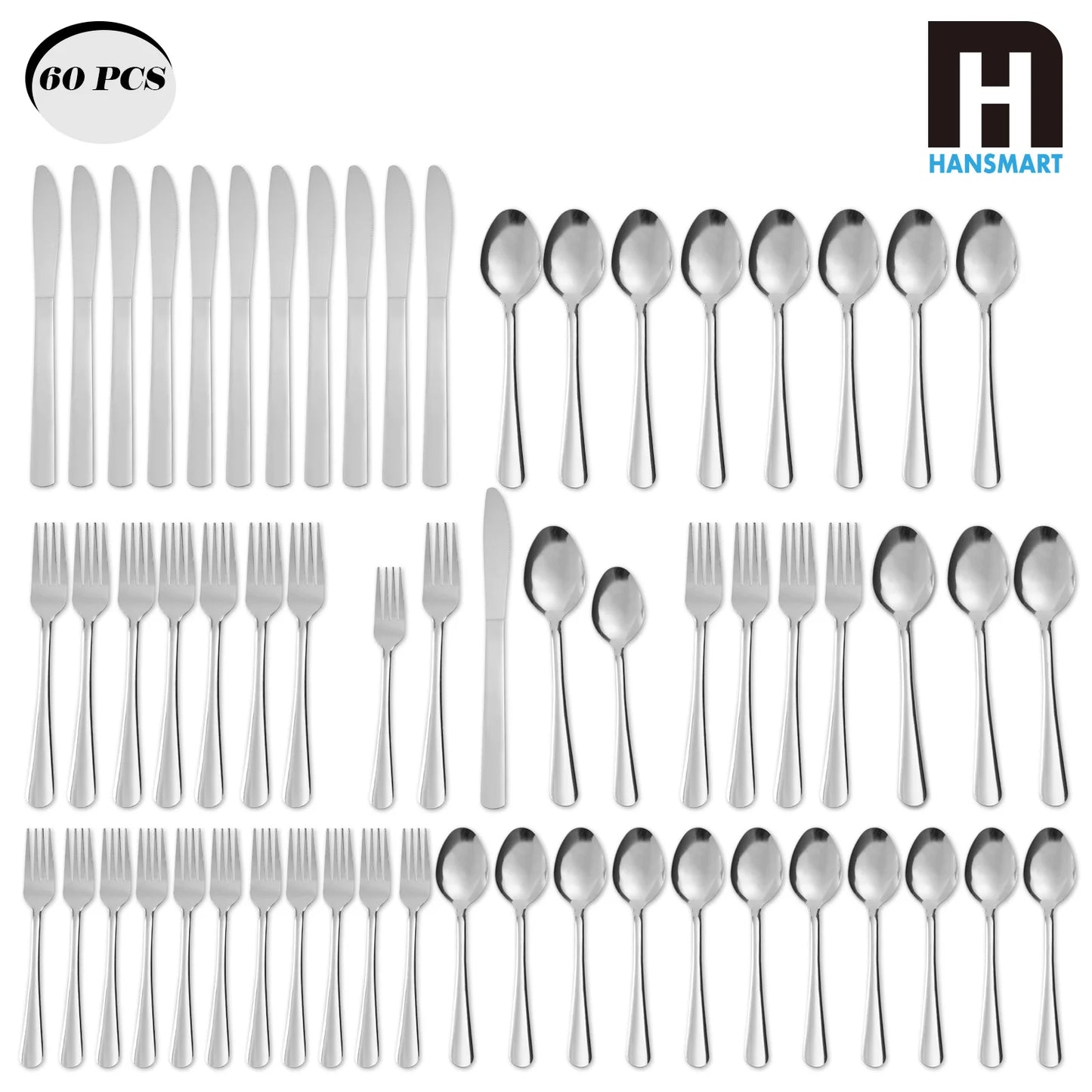 HANSMART 60-Piece Stainless Steel Flatware Set — Windsor Silverware for 12, Dishwasher Safe