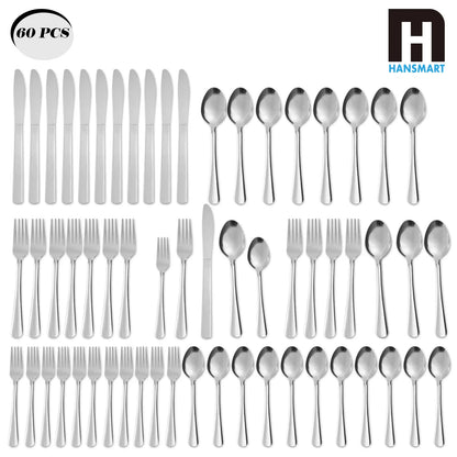 HANSMART 60-Piece Stainless Steel Flatware Set — Windsor Silverware for 12, Dishwasher Safe