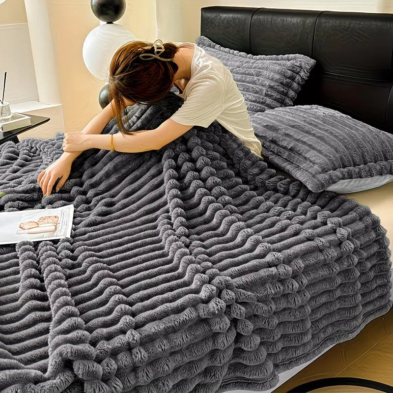 Soft Faux Fur Striped Blanket — Warm Thick Fleece for Bed, Sofa & Travel