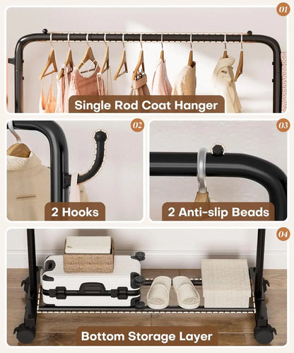 Portable Rolling Clothes Rack with Hooks — 32" Foldable Garment Organizer on Wheels