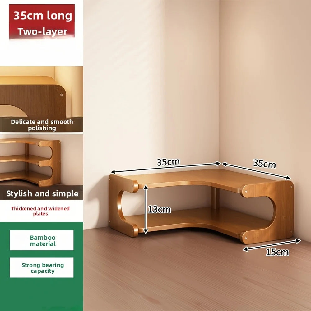 3-Tier Bamboo Corner Desk Shelf — Natural Wood Organizer for Plants, Books & Stationery
