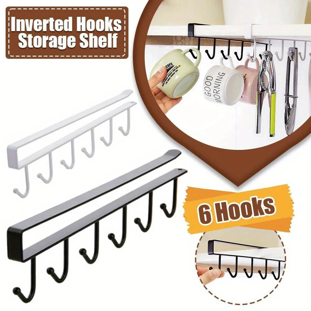 6-Hook Stainless Steel Mug and Cup Holder Rack — Under Cabinet Kitchen Organizer