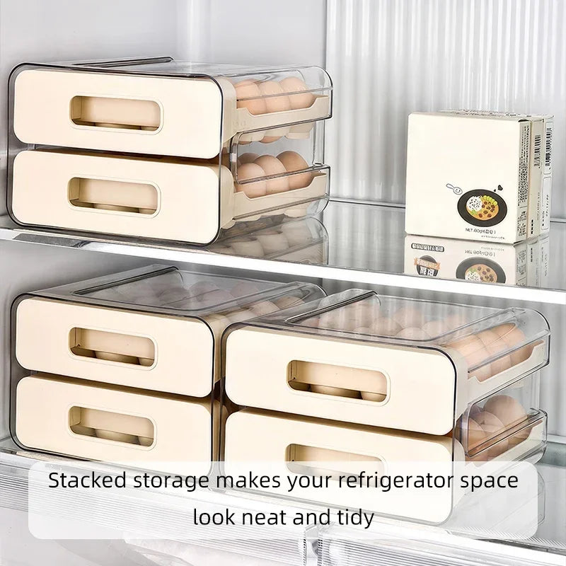 Drawer-Style Refrigerator Egg Organizer — Double Layer, 32 Compartments