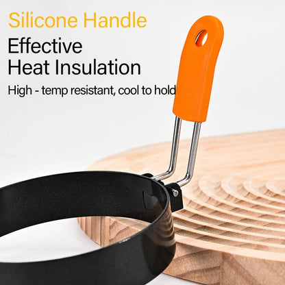 Stainless Steel Fried Egg Ring Mold — Heat-Resistant Silicone Handle & Non-Stick Egg Shaper