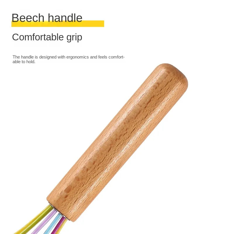 Silicone Manual Egg Beater with Wooden Handle — 10-Inch Non-Scratch Whisk for Baking & Cooking