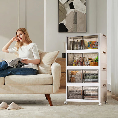 4-Tier Folding Storage Boxes with Doors & Wheels — Stackable Plastic Organizer Cabinet