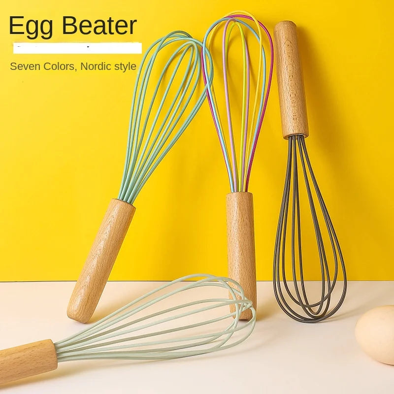 Silicone Manual Egg Beater with Wooden Handle — 10-Inch Non-Scratch Whisk for Baking & Cooking