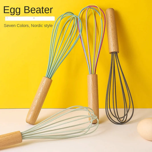 Silicone Manual Egg Beater with Wooden Handle — 10-Inch Non-Scratch Whisk for Baking & Cooking
