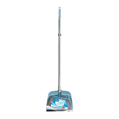Lobby Broom and Dustpan Set — Long Handle, Rubber Lip, Integrated Comb for Home & Office