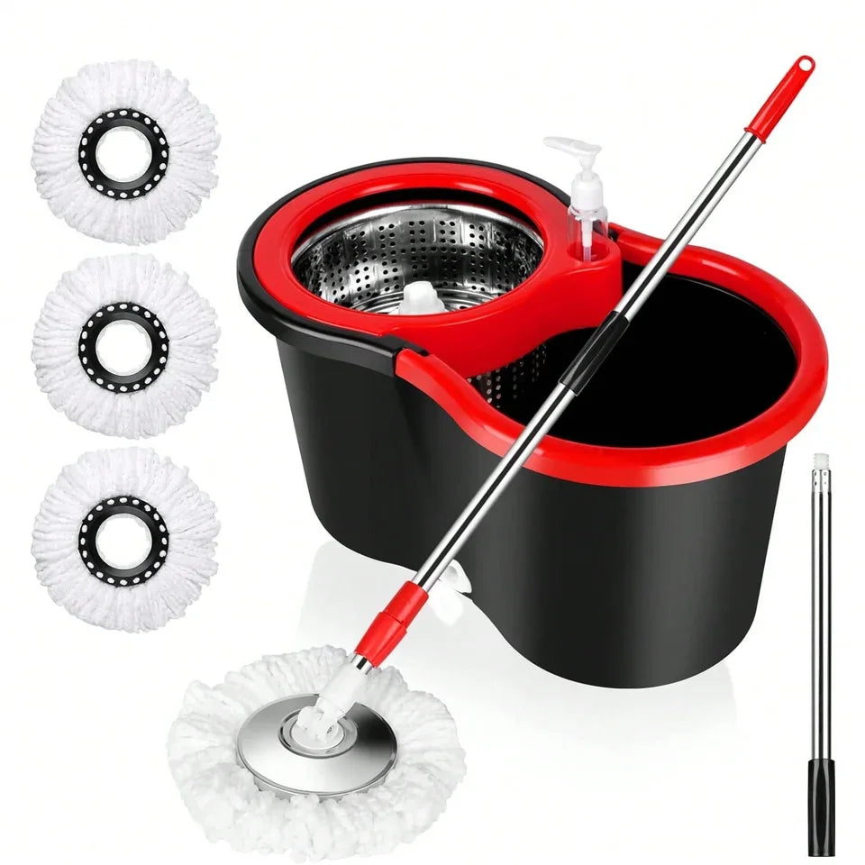 Spin Mop and Bucket Set — 61" Extendable Handle, Stainless Steel Basket & 3 Microfiber Heads