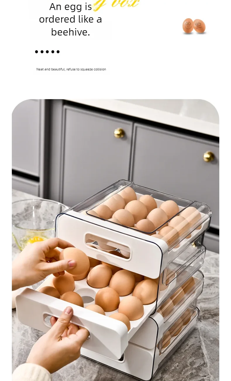 Drawer-Style Refrigerator Egg Organizer — Double Layer, 32 Compartments