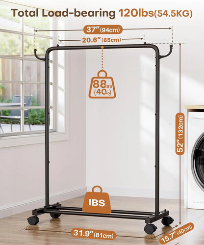 Portable Rolling Clothes Rack with Hooks — 32" Foldable Garment Organizer on Wheels