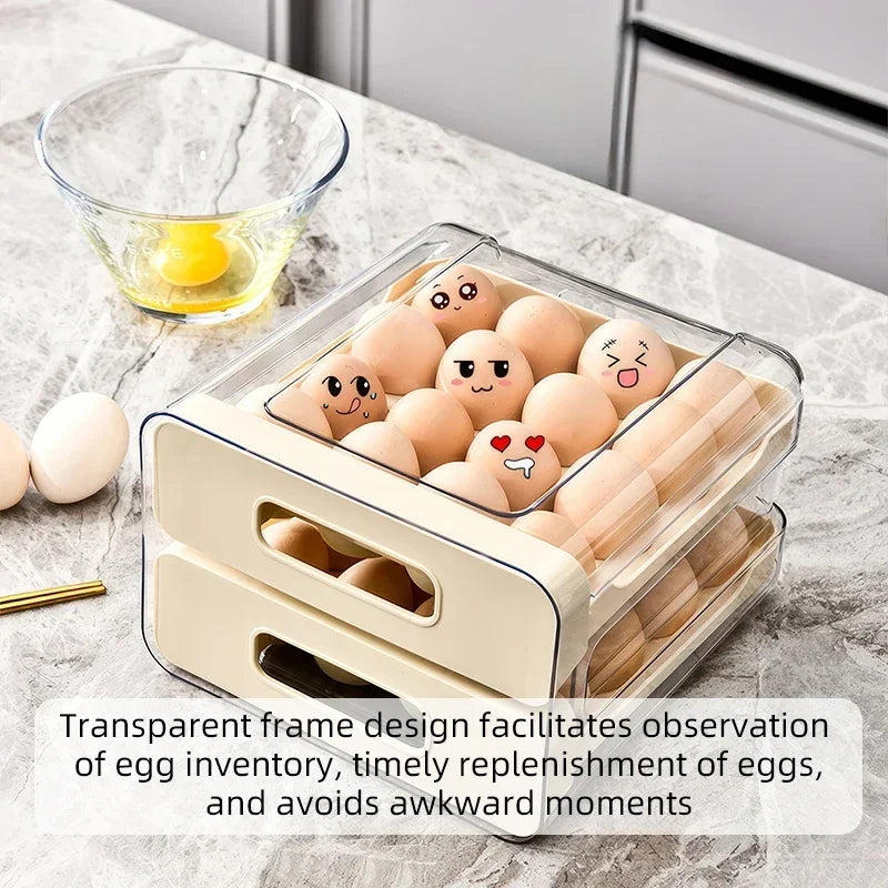 Drawer-Style Refrigerator Egg Organizer — Double Layer, 32 Compartments