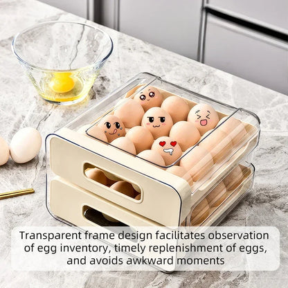 Drawer-Style Refrigerator Egg Organizer — Double Layer, 32 Compartments