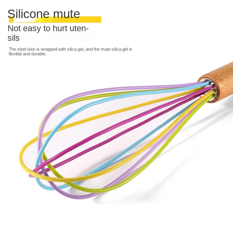 Silicone Manual Egg Beater with Wooden Handle — 10-Inch Non-Scratch Whisk for Baking & Cooking