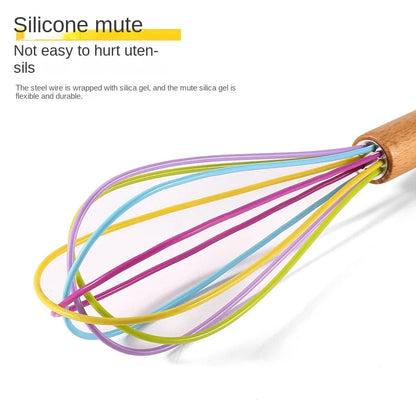 Silicone Manual Egg Beater with Wooden Handle — 10-Inch Non-Scratch Whisk for Baking & Cooking
