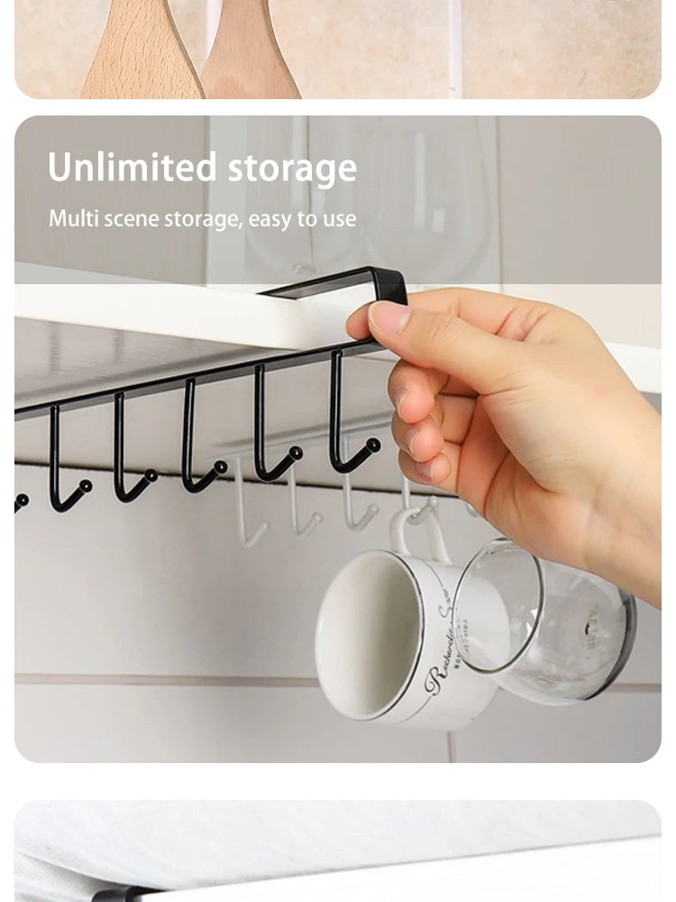 6-Hook Stainless Steel Mug and Cup Holder Rack — Under Cabinet Kitchen Organizer