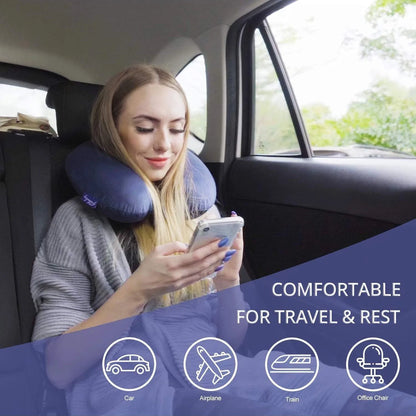 Travel Neck Pillow — U-Shape Bamboo Fiber Snap Strap Pillow for Airplane, Car & Office