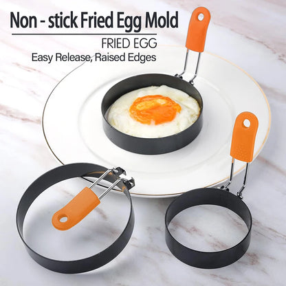 Stainless Steel Fried Egg Ring Mold — Heat-Resistant Silicone Handle & Non-Stick Egg Shaper