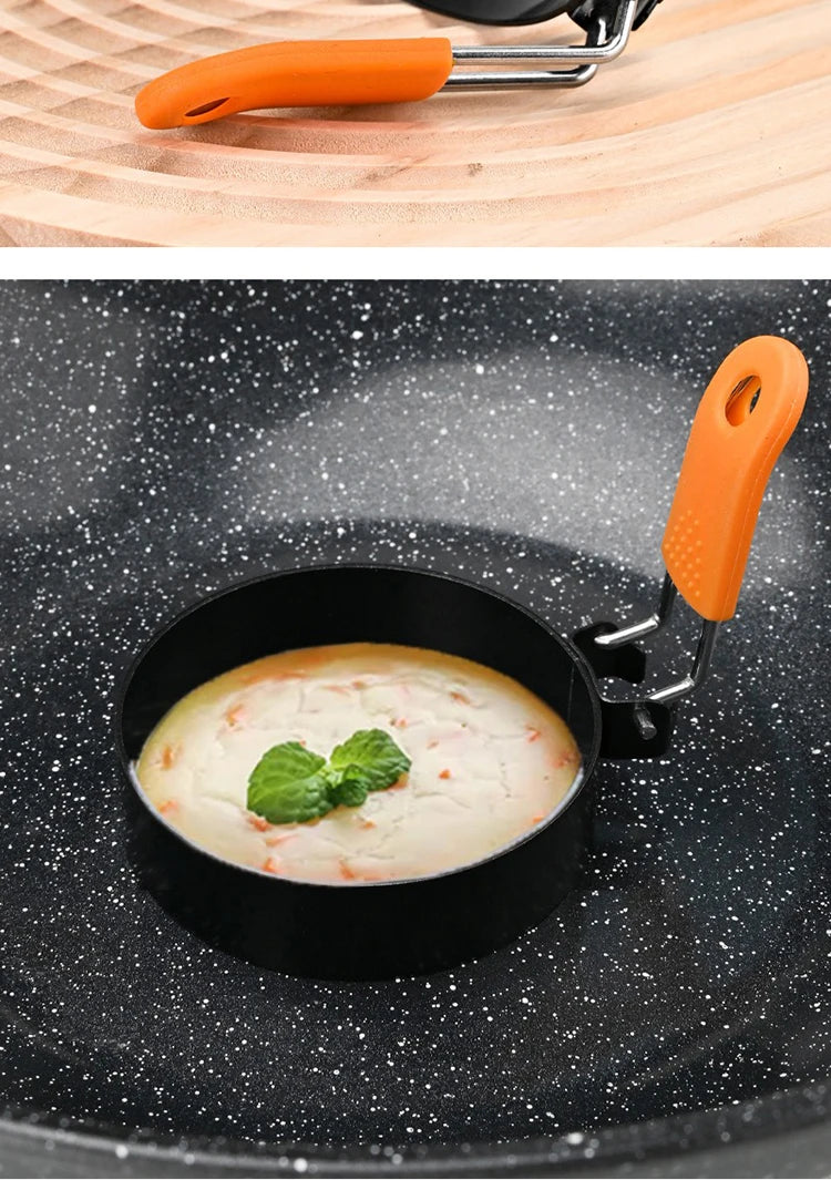 Stainless Steel Fried Egg Ring Mold — Heat-Resistant Silicone Handle & Non-Stick Egg Shaper