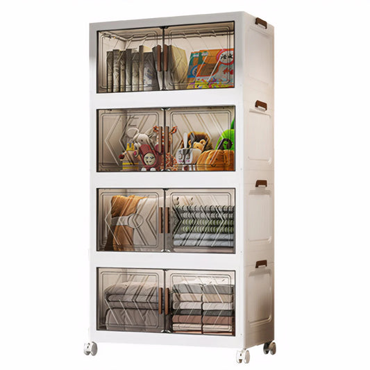 4-Tier Folding Storage Boxes with Doors & Wheels — Stackable Plastic Organizer Cabinet
