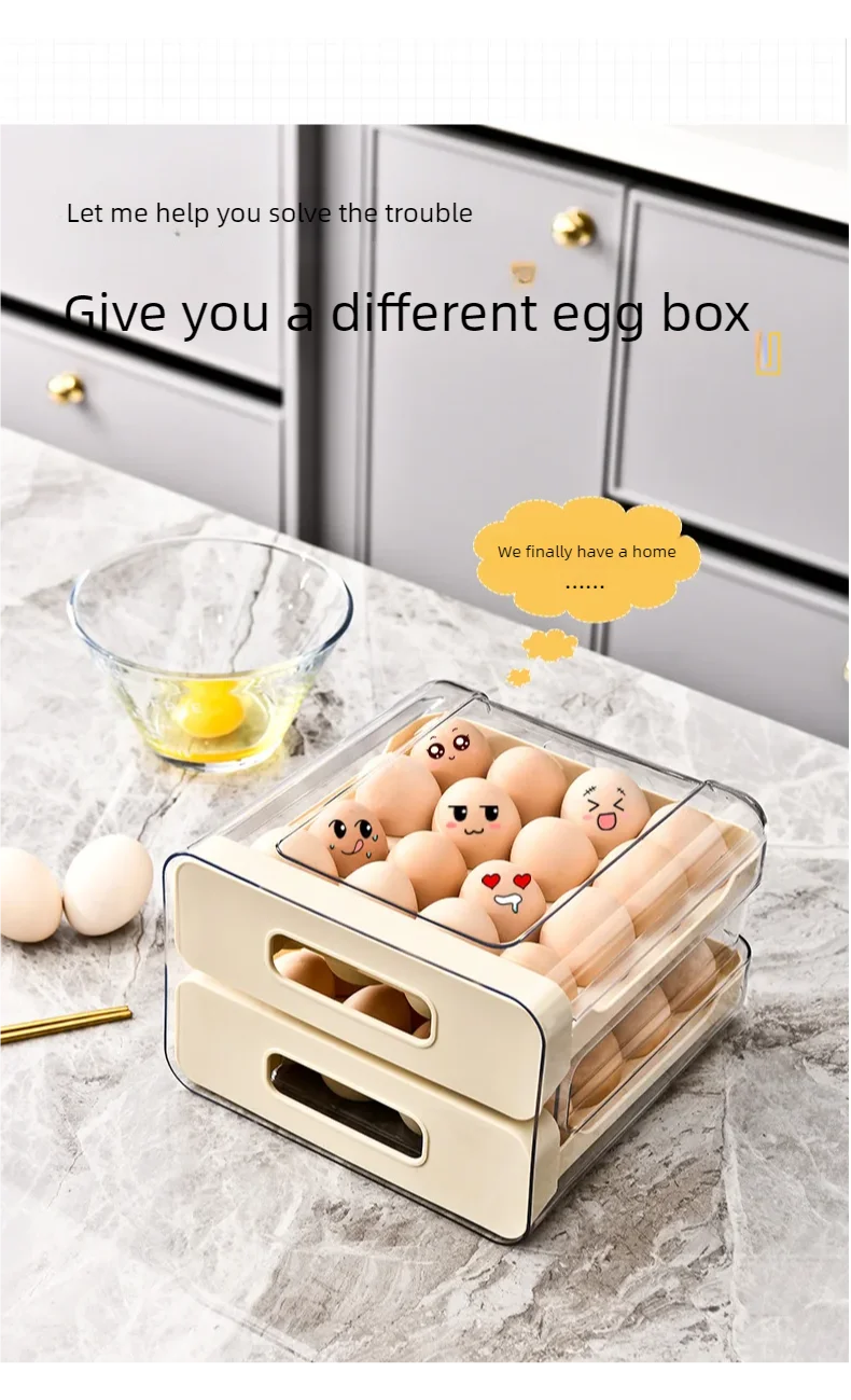 Drawer-Style Refrigerator Egg Organizer — Double Layer, 32 Compartments